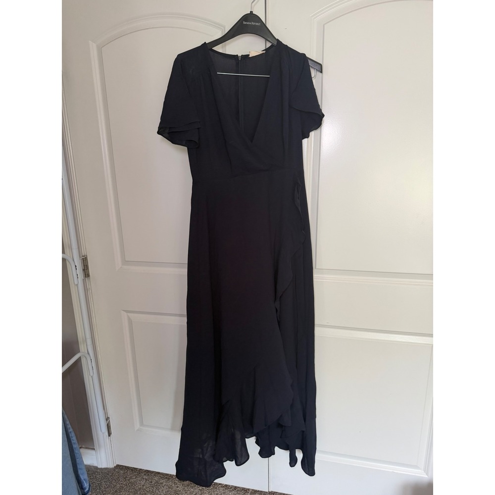 Altar'd State Navy Blue Flutter Sleeve Ruffle Faux Wrap Maxi Dress Large